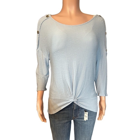 Hanger 55 Blue Woven Top Front Twist Button Shoulder Casual Blouse Size Large - Picture 4 of 13